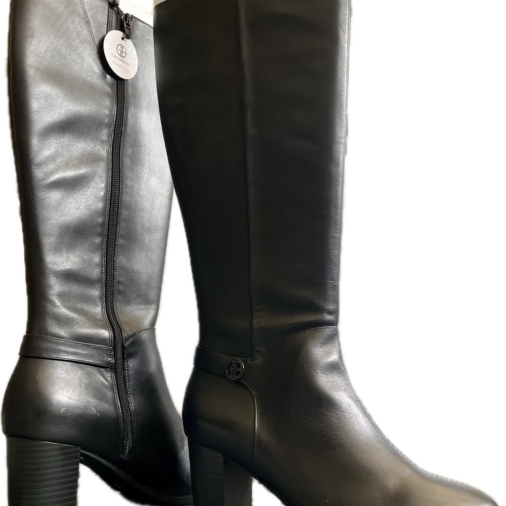 NWT Giani Bernini Black Leather Knee High Boots Block Heel Size 9.5